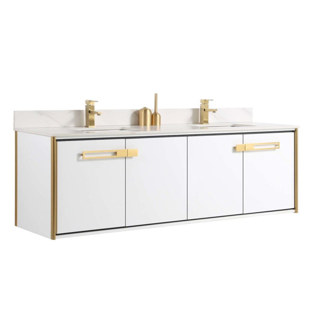 The Oakville 72 inch Modern Bathroom Vanity is wall-mounted with a white finish, gold handles and faucets, two sinks in a white countertop, four cabinet doors, and features a minimalistic design ideal for contemporary bathrooms.