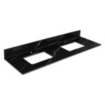 A rectangular black marble vanity top with white veining, dual rectangular sink cutouts, and a matching backsplash, designed for the Oakville 72 inch Modern Bathroom Vanity.