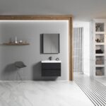 Modern minimalist bathroom with gray walls, a Valencia 30 inch Wall Mount Vanity With Sink, large mirror, marble floors, open shelves with decor, a chair, and shower area featuring vertical black and white floor tiles.