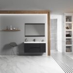 Modern bathroom with gray walls, a Valencia 48 inch Wall Mount Vanity With Sink, rectangular mirror, gray barstool, wooden shelf with decor, and marble flooring. On the right are built-in shelves and a striped walk-in shower.