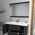 A modern bathroom features a large rectangular mirror above the Valencia 48 inch Wall Mount Vanity With Sink, which has open drawers and cupboards displaying toiletries and towels. A soap dispenser, jar, shelf, and chair complete the scene.