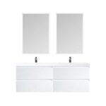 The Jena 60 inch Wall Mount Double Vanity with LED Lights boasts a modern white double-sink design, four drawers, and two rectangular mirrors, all set against a plain white background.