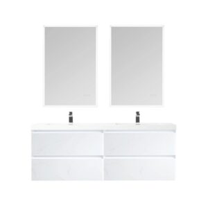 The Jena 60 inch Wall Mount Double Vanity with LED Lights boasts a modern white double-sink design, four drawers, and two rectangular mirrors, all set against a plain white background.