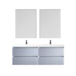 The Jena 60 inch Wall Mount Double Vanity with LED Lights features twin sinks, two mirrors, four light gray drawers, and a white countertop. Its sleek, minimalistic design and integrated LED lighting enhance any modern bathroom décor.