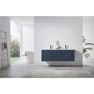 Minimalist bathroom with a Barcelona 60 Inch Wall Mount Double Bathroom Vanity With Top, modern fixtures, and white countertop. A freestanding tub sits by a large garden-view window. Towel rack and leafy plant complete the decor.