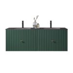 The Barcelona 60 Inch Wall Mount Double Bathroom Vanity With Top features a matte black countertop, dark green fluted cabinet doors, two sleek black faucets, and a small vase with branches placed between the sinks.