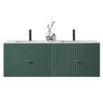 A modern Barcelona 60 Inch Wall Mount Double Bathroom Vanity With Top, featuring a ribbed green front, gold handles, and a white countertop. Two black faucets, a glass vase with branches, and a bottle sit on top.