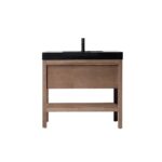 The Bibury 36 Inch Bathroom Vanity with Top features a wooden base, open lower shelf, and black countertop with built-in sink and single faucet, all set against a white background.