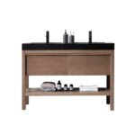 The Bibury 48 Inch Double Bathroom Vanity with Top features a modern wooden design, black countertop, dual sinks, soap dispensers, toothbrush holder, and an open shelf for bottles, towels, and toiletries against a white background.