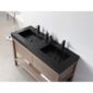 The Bibury 48 Inch Double Bathroom Vanity with Top features a modern black double sink countertop, two sleek black faucets, and wooden cabinetry. Toothbrushes and soap dispensers rest on the counter, completing the minimal look.
