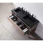 The Bibury 48 Inch Double Bathroom Vanity with Top includes a sleek black double sink, black faucets, two open wooden drawers for toiletries, and a modern countertop holding soap dispensers and a toothbrush holder.