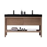 The Bibury 60 Inch Double Bathroom Vanity with Top boasts a modern design, black countertop, wooden base, two drawers, and an open shelf ideal for storing towels, containers, and bottles.