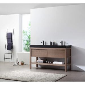 Modern bathroom featuring the Bibury 60 Inch Double Bathroom Vanity with Top, black countertop, dual black faucets, toiletries, a towel rack with dark towels, white bathtub, and plush rug completing the bright minimalist space.