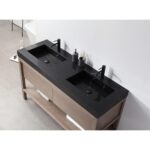 The Bibury 60 Inch Double Bathroom Vanity with Top features a black marble countertop, two rectangular sinks, sleek black faucets, soap dispensers, and a light wood base with drawers and an open shelf below.