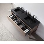 The Bibury 60 Inch Double Bathroom Vanity with Top features a sleek black double sink countertop, open drawers with organized toiletries and bottles, and is set against gray tiled floors with a light-colored rug.