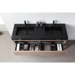 The Bibury 60 Inch Double Bathroom Vanity with Top showcases a modern black double sink countertop, two black faucets, and open wooden drawers with toiletries and accessories, all elegantly viewed from above.