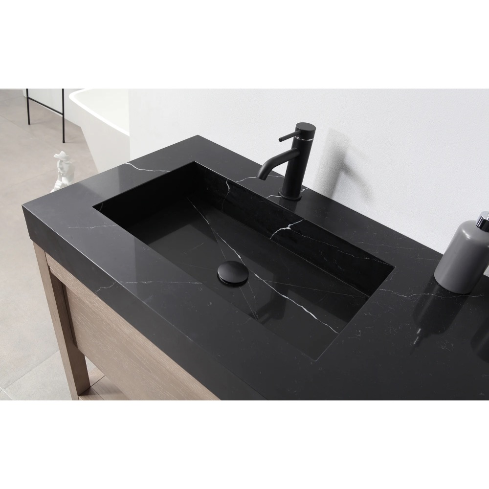 The Bibury 72 Inch Double Bathroom Vanity with Top includes a sleek black rectangular sink, matching faucet, and a soap dispenser on the right, all set on a stylish wooden cabinet against a white wall.