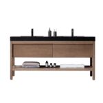 The Bibury 72 Inch Double Bathroom Vanity with Top features a modern double-sink design, black countertop, wooden base, two faucets, and an open lower shelf for towels and bottles, set against a white background.