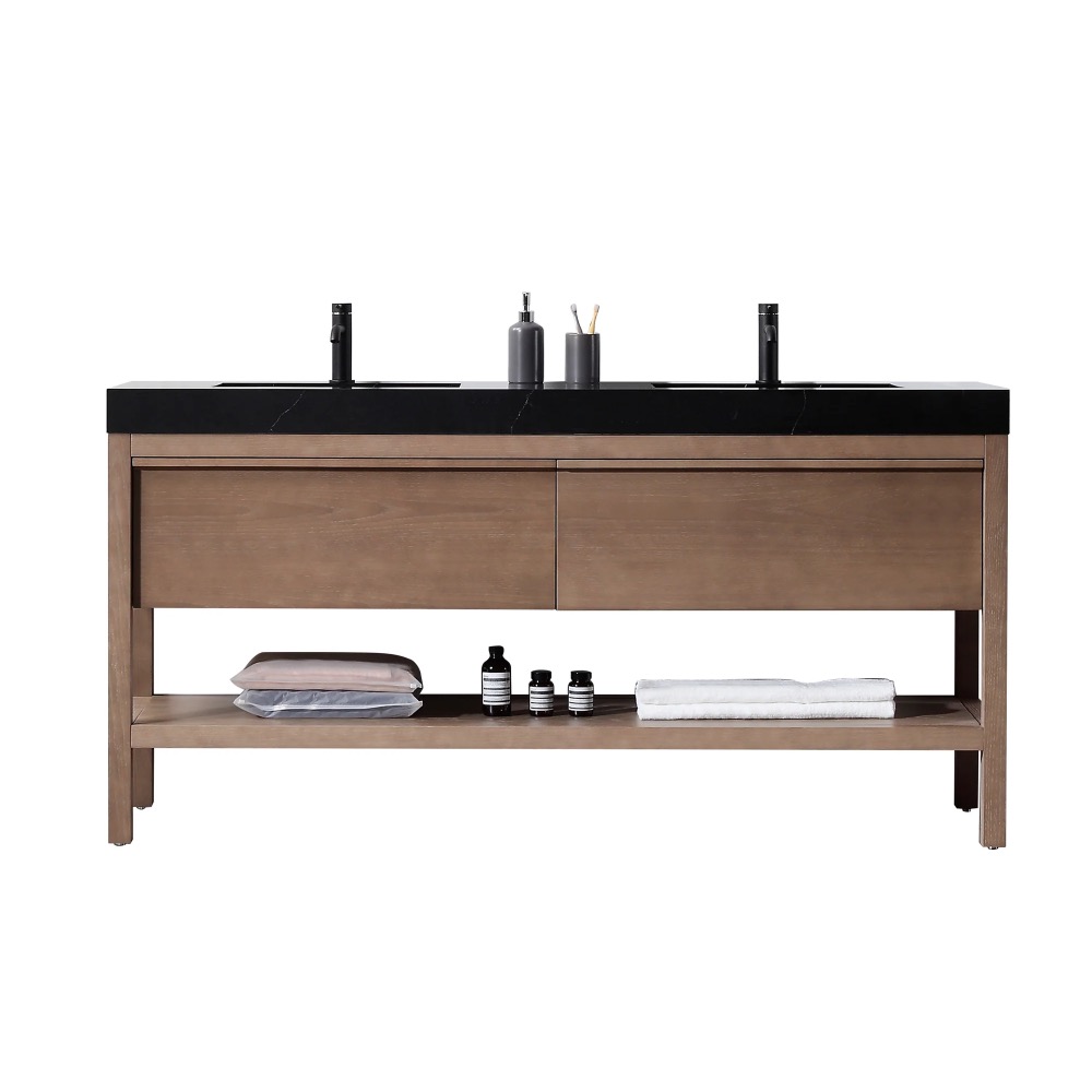 The Bibury 72 Inch Double Bathroom Vanity with Top features a modern double-sink design, black countertop, wooden base, two faucets, and an open lower shelf for towels and bottles, set against a white background.