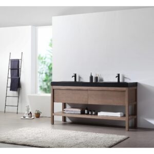 Modern bathroom featuring a Bibury 72 Inch Double Bathroom Vanity with Top, black faucets, open shelving for towels and toiletries, a ladder-style towel rack, standalone bathtub, and a soft beige rug on the floor.