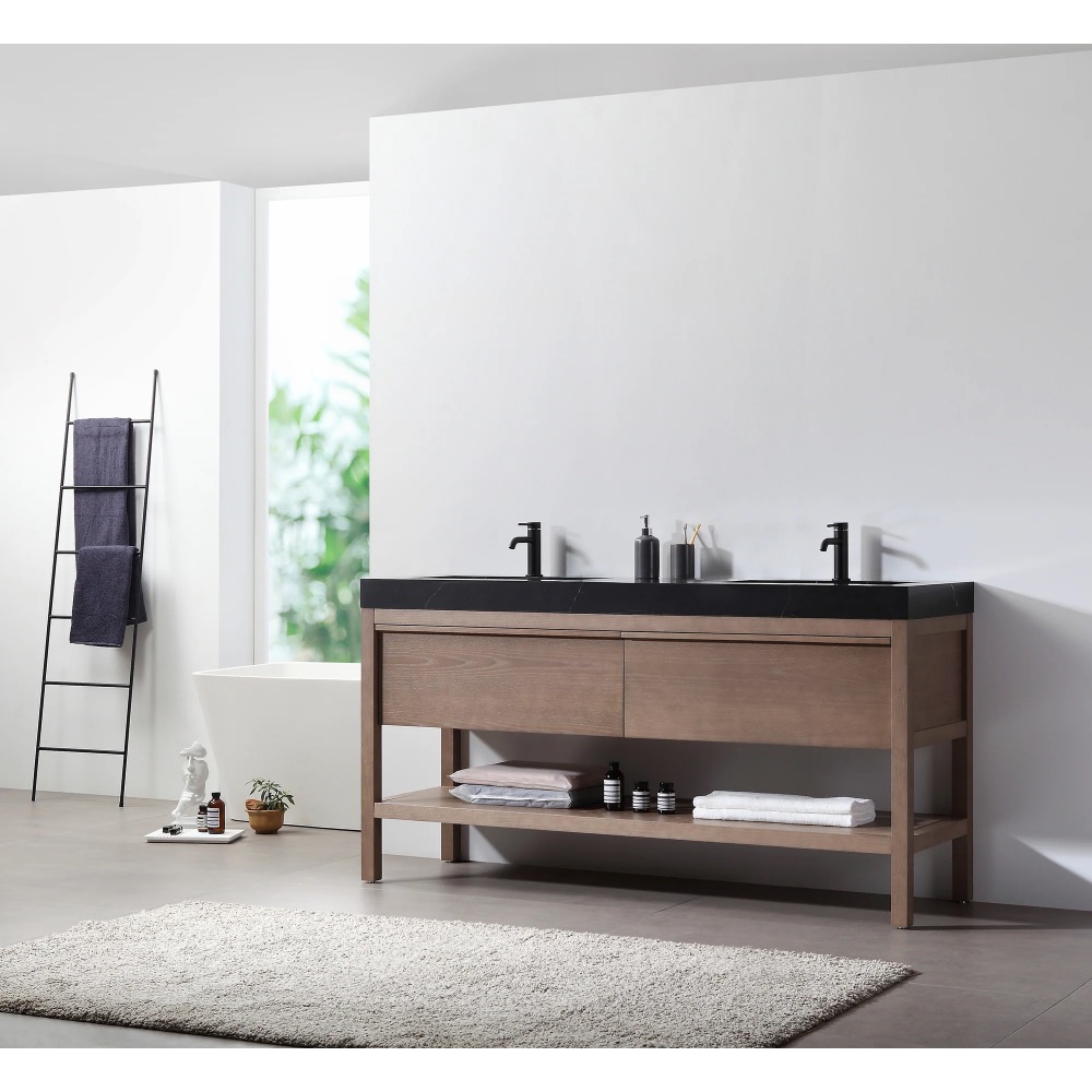 Modern bathroom featuring a Bibury 72 Inch Double Bathroom Vanity with Top, black faucets, open shelving for towels and toiletries, a ladder-style towel rack, standalone bathtub, and a soft beige rug on the floor.