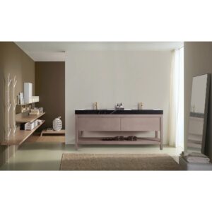 A modern bathroom featuring the Bibury 72 Inch Double Bathroom Vanity with Top, wall-mounted shelves, a freestanding mirror, textured rug, and neutral walls. Natural light streams in through a sheer curtain.