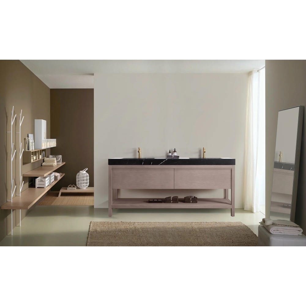 A modern bathroom featuring the Bibury 72 Inch Double Bathroom Vanity with Top, wall-mounted shelves, a freestanding mirror, textured rug, and neutral walls. Natural light streams in through a sheer curtain.