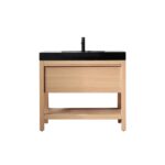 The Bibury 36 Inch Bathroom Vanity with Top features a light wood base, open bottom shelf, central drawer, and a sleek black countertop with matching black faucet.