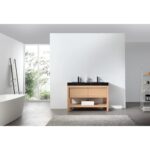Modern bathroom featuring a Bibury 48 Inch Double Bathroom Vanity with Top, a freestanding bathtub, gray rug, ladder-style towel rack, open shelving, and large windows flooding the space with natural light.