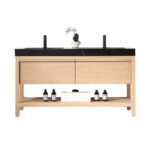 The Bibury 60 Inch Double Bathroom Vanity with Top features a modern wooden design, black countertop, dual faucets, a white orchid centerpiece, and organized bottles and folded towels on the spacious lower shelf.