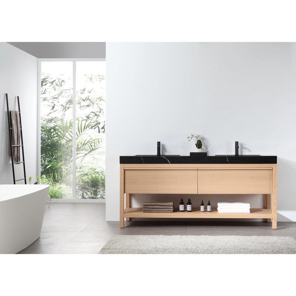 Modern bathroom featuring a Bibury 72 Inch Double Bathroom Vanity with countertop, double sinks, and organized towels. A freestanding tub by a large window provides serene garden views.