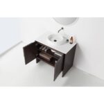 The Celle 36 Inch Bathroom Vanity With Vessel Sink has dark wood cabinets with shelves inside, a white countertop with a round vessel sink and faucet, and is paired with a round mirror above.