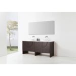 Minimalist bathroom with a Celle 72 Inch Double Bathroom Vanity With Vessel Sinks, two black faucets, a large rectangular mirror above, and a window with leafy tree views. White walls and floor create a clean, modern look.