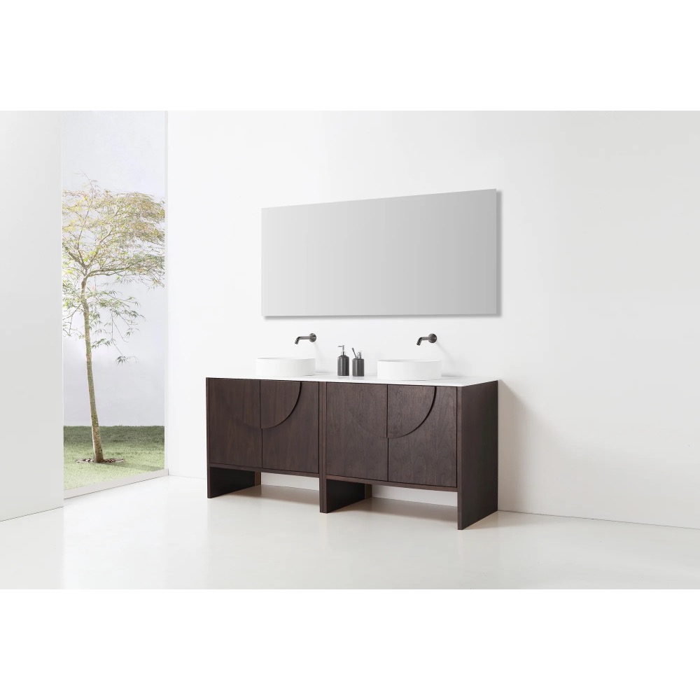 Minimalist bathroom with a Celle 72 Inch Double Bathroom Vanity With Vessel Sinks, two black faucets, a large rectangular mirror above, and a window with leafy tree views. White walls and floor create a clean, modern look.