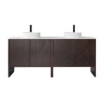 The Celle 72 Inch Double Bathroom Vanity With Vessel Sinks features dark wood cabinets, two white vessel sinks, and black faucets on a white countertop. Subtle curved patterns decorate the cabinet doors against a plain white background.