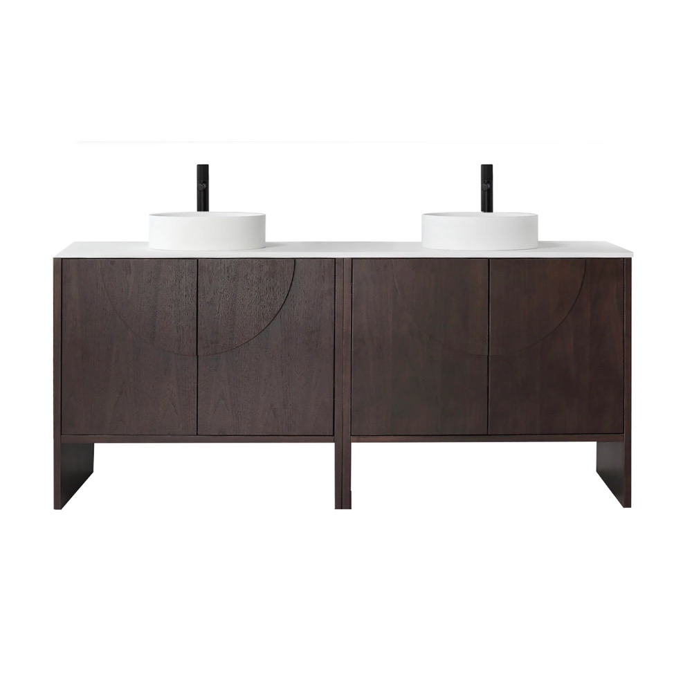 The Celle 72 Inch Double Bathroom Vanity With Vessel Sinks features dark wood cabinets, two white vessel sinks, and black faucets on a white countertop. Subtle curved patterns decorate the cabinet doors against a plain white background.