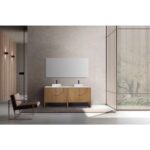 Minimalist bathroom featuring the Celle 72 Inch Double Bathroom Vanity With Vessel Sinks, a large mirror, modern black faucets, a brown chair, and vertical wooden slats inviting natural light.
