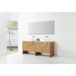 Modern minimalist bathroom with a Celle 72 Inch Double Bathroom Vanity With Vessel Sinks, black faucets, a large rectangular mirror, and tall windows offering a tree view. The space is bright, uncluttered, and elegantly designed.