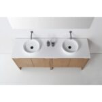 The Celle 72 Inch Double Bathroom Vanity With Vessel Sinks features two round white vessel sinks, chrome faucets, a light wood cabinet, and two soap dispensers, viewed from above against a white background.