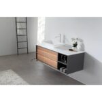 Modern bathroom featuring the Goreme 48 Inch Wall Mount Bathroom Vanity With Vessel Sink, wood drawers, open shelving with towels and glass bottles, a black ladder shelf against a white wall, and rose petals scattered on the floor.