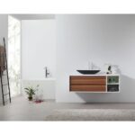 A minimalist bathroom features the Goreme 48 Inch Wall Mount Bathroom Vanity With Vessel Sink, a freestanding tub, ladder towel rack, wood drawers, round black basin sink, toiletries, potted plant, and an orchid in a bright white space.