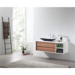 Modern minimalist bathroom featuring the Goreme 48 Inch Wall Mount Bathroom Vanity With Vessel Sink, wood drawers, open shelves, a ladder towel rack, potted plants, and a large window with natural light. Light gray rug on the floor.
