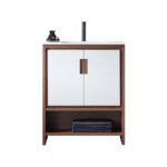 The Lyon 30 Inch Bathroom Vanity with Top showcases a modern wood frame, white cabinet doors, an open lower shelf for towels, a sleek white countertop, black faucet, and a decorative accent.