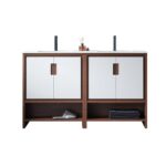 The Lyon 60 Inch Double Bathroom Vanity with Top features two white sink basins, mirrored cabinet doors, a dark wood frame, open lower shelves, and neatly arranged towels for a modern and organized bathroom look.