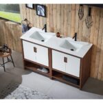 A modern Lyon 60 Inch Double Bathroom Vanity with Top features white basins, dark faucets, wooden cabinets, minimalist decor, and pendant lights against a wooden plank wall, with a window on the left letting in natural light.