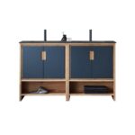 The Lyon 60 Inch Double Bathroom Vanity with Top features a wooden frame, two cabinet doors on each side, open shelves for towels below, a dark countertop with accessories, and dual faucets.