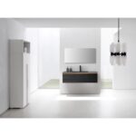 Minimalist bathroom with the Oslo 48 Inch Wall Mount Bathroom Vanity, large rectangular mirror, black faucet, modern light fixture, white walls and floor. A tall white cabinet is on the left as natural light fills the space.