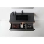 A top-down view of the Oslo 48 Inch Wall Mount Bathroom Vanity in black shows a rectangular sink, two open drawers with bathroom essentials, and two soap dispensers on the countertop.