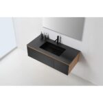 The Oslo 48 Inch Wall Mount Bathroom Vanity offers a modern floating design with a black rectangular sink, black faucet, wooden sides, and two bottles on the countertop, complemented by a mirror above on a white wall.