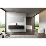 A modern, minimalist bathroom with large windows features an Oslo 60 Inch Wall Mount Single Bathroom Vanity beneath a wide mirror, a freestanding bathtub, and a contemporary toilet. Wood flooring and white walls offer serene outdoor views.